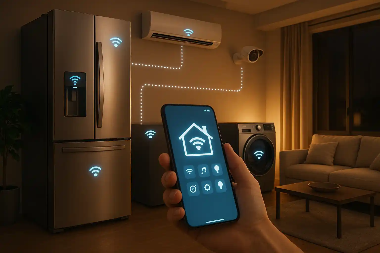 A futuristic smart home with connected appliances like fridge, AC, washing machine, and security system, all working seamlessly together.