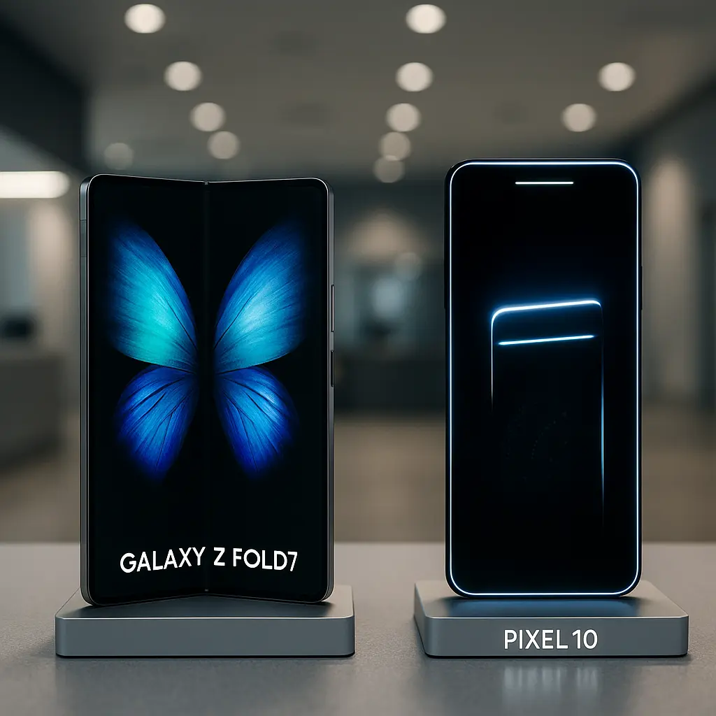 Samsung Galaxy Z Fold7 unfolded with a seamless screen next to a teaser silhouette of Google Pixel 10, symbolizing next-gen smartphone rivalry.
