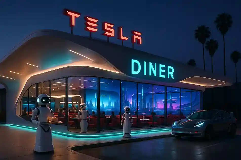 Tesla's retro-futuristic diner in Hollywood featuring massive LED screens, charging stations, and sleek metallic design reminiscent of a sci-fi movie set.