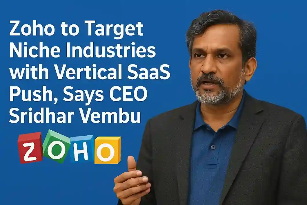 Zoho CEO Sridhar Vembu speaking at a company event.