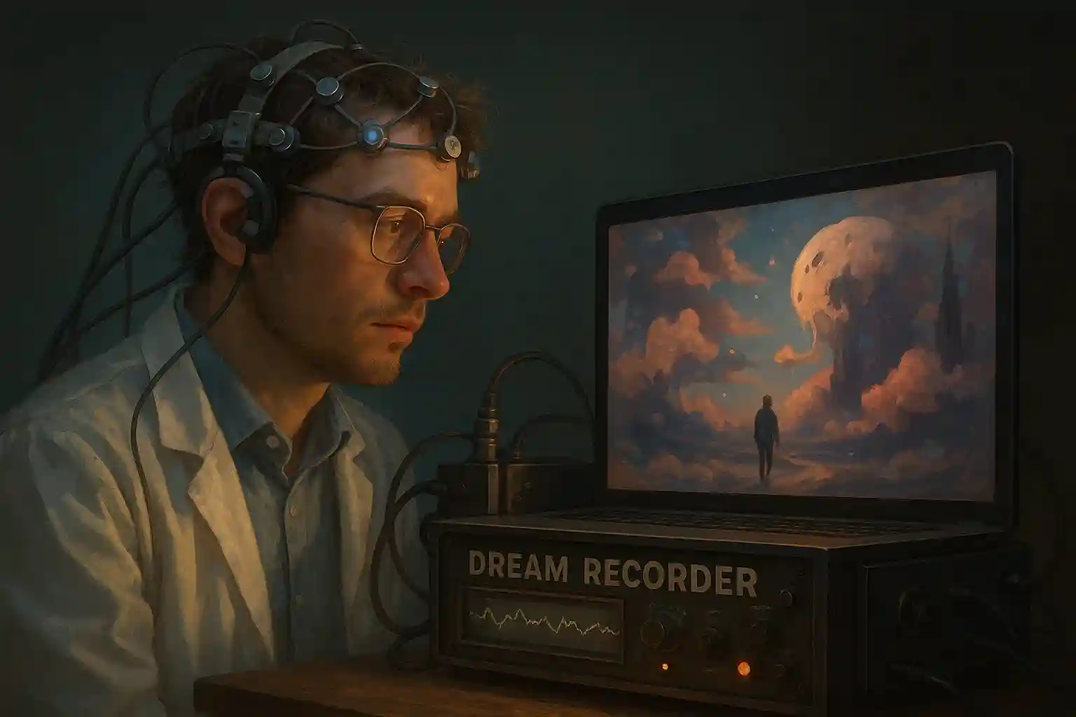 An artistic representation of a dream recorder translating human brainwaves into a surreal video on a screen.