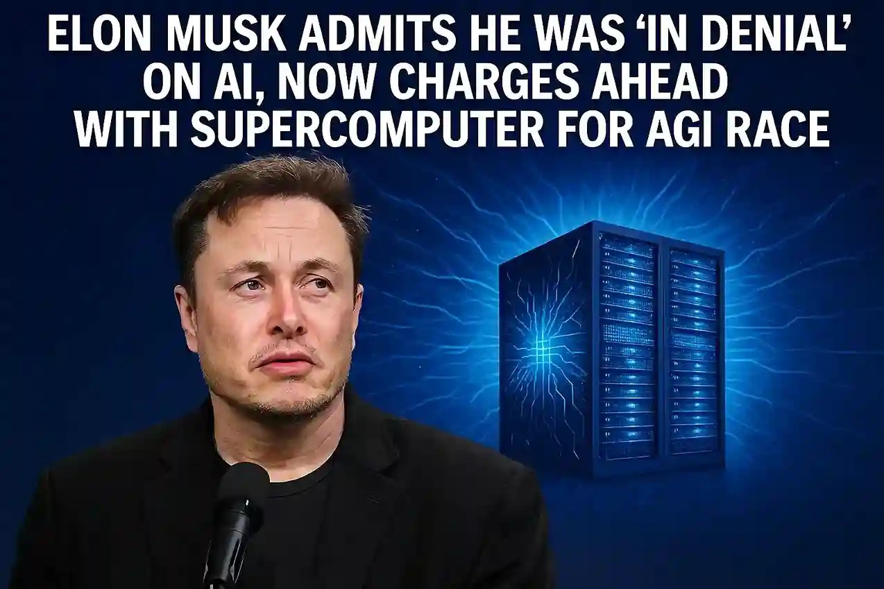 Elon Musk with an artistic representation of an AI supercomputer in the background.
