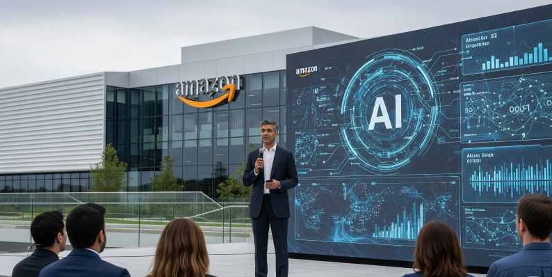 A visual metaphor showing AI elements integrating with human workers, suggesting job displacement at a tech company like Amazon.