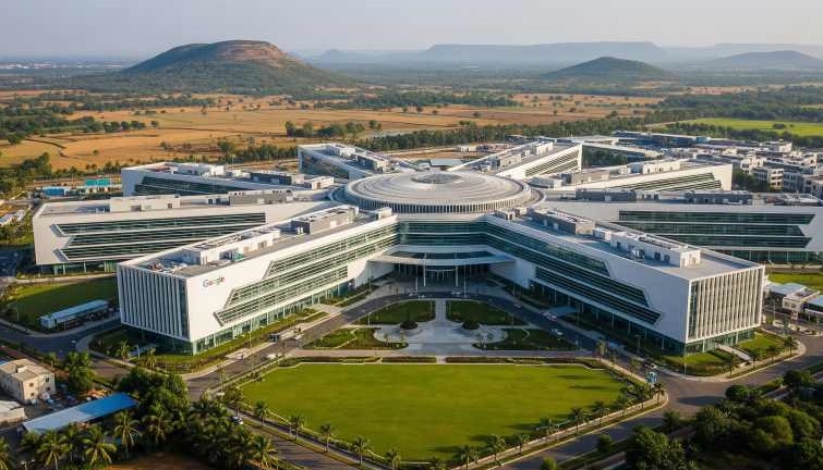 A modern architectural rendering of a sprawling tech campus with Google's iconic logo, set against a vibrant green landscape in Andhra Pradesh.