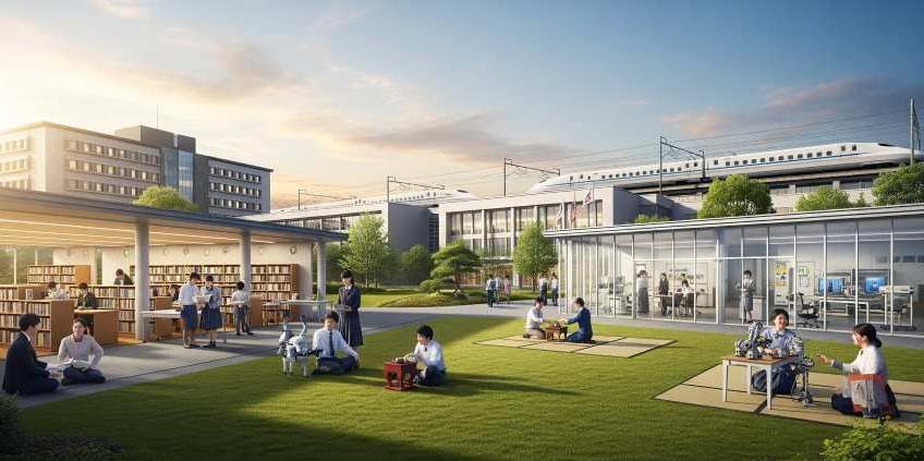 A collage depicting Japanese schoolchildren learning manners, cleaning their classroom, and engaging in teamwork, symbolizing core values and holistic education.