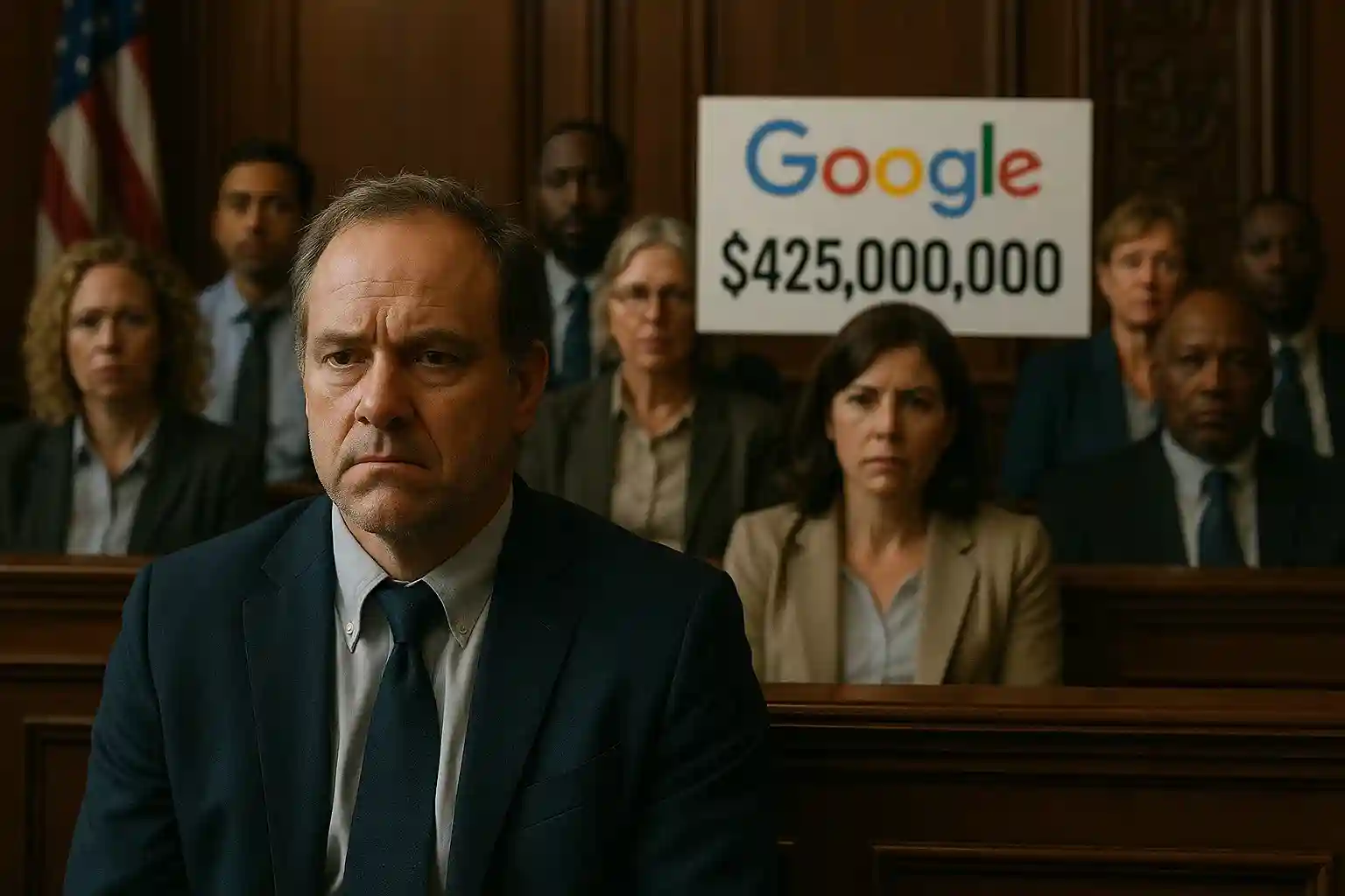 Court gavel with Google logo in the background, symbolizing data privacy lawsuit.