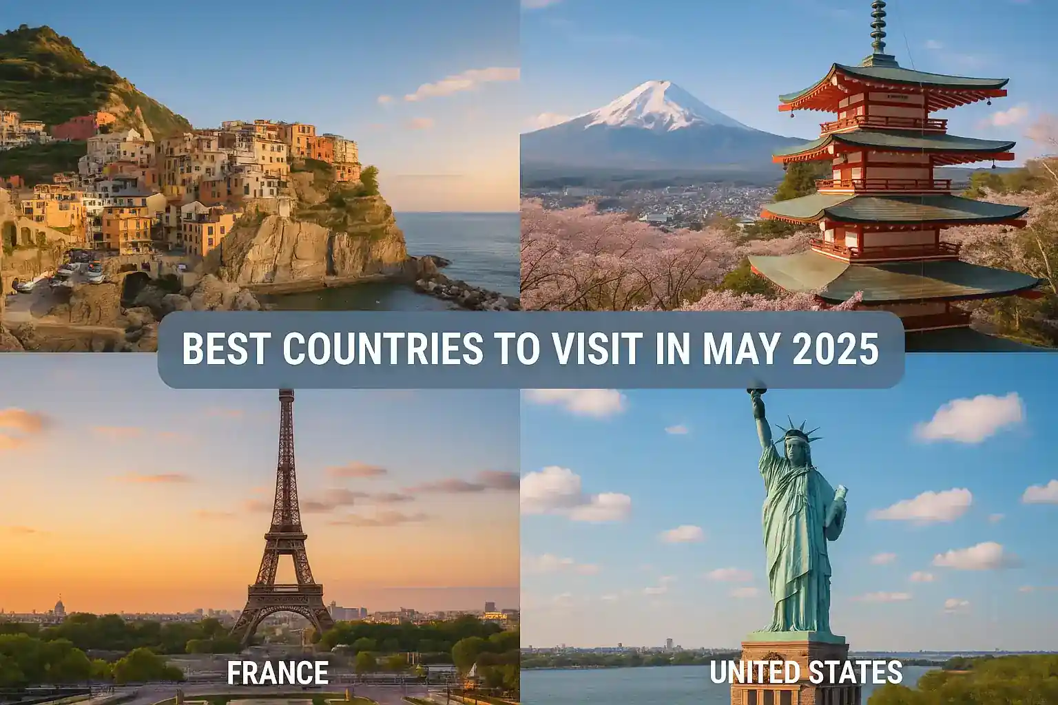 A collage of diverse landscapes representing different countries ideal for May travel