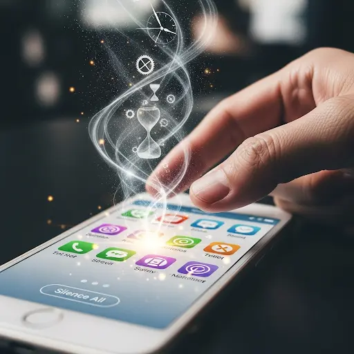A smartphone with a bell icon crossed out, symbolizing a break from constant notifications and digital noise.