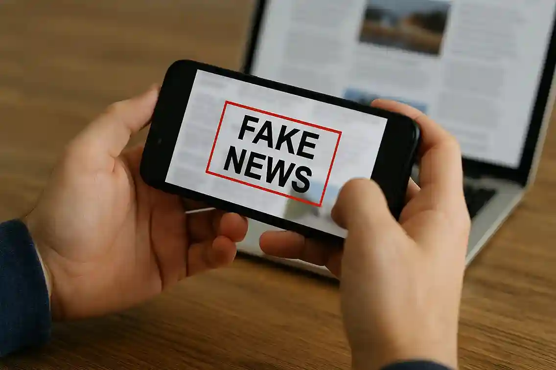 A magnifying glass over a smartphone displaying a news headline, with the user's hand hovering over the screen, symbolizing critical thought.