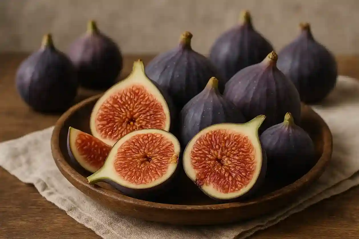 A close-up of a fresh, sliced fig showing its juicy, seeded interior, with whole figs nearby.