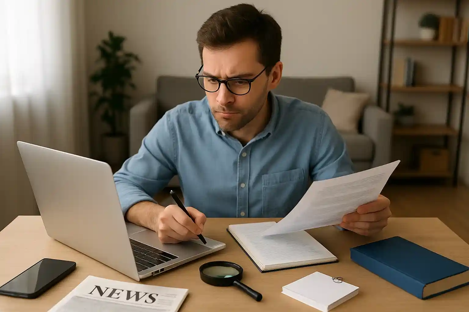 A person's hand holding a smartphone with a news feed, while the other hand uses a magnifying glass to scrutinize the screen, symbolizing a critical approach to daily news.