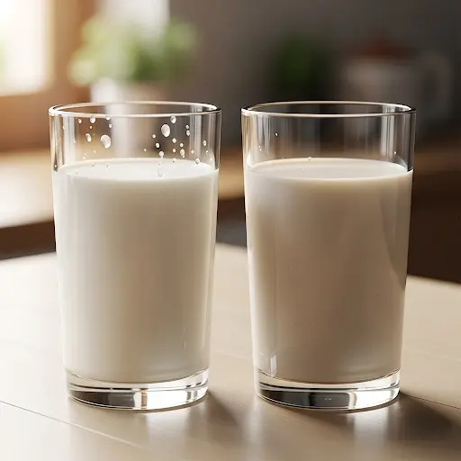 A glass of traditional milk next to cartons of various plant-based alternatives like almond, oat, and soy milk, representing a modern consumer choice.