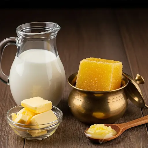 A collection of various dairy products including a glass of milk, a bowl of curd, a jar of ghee, and cubes of paneer, arranged aesthetically.