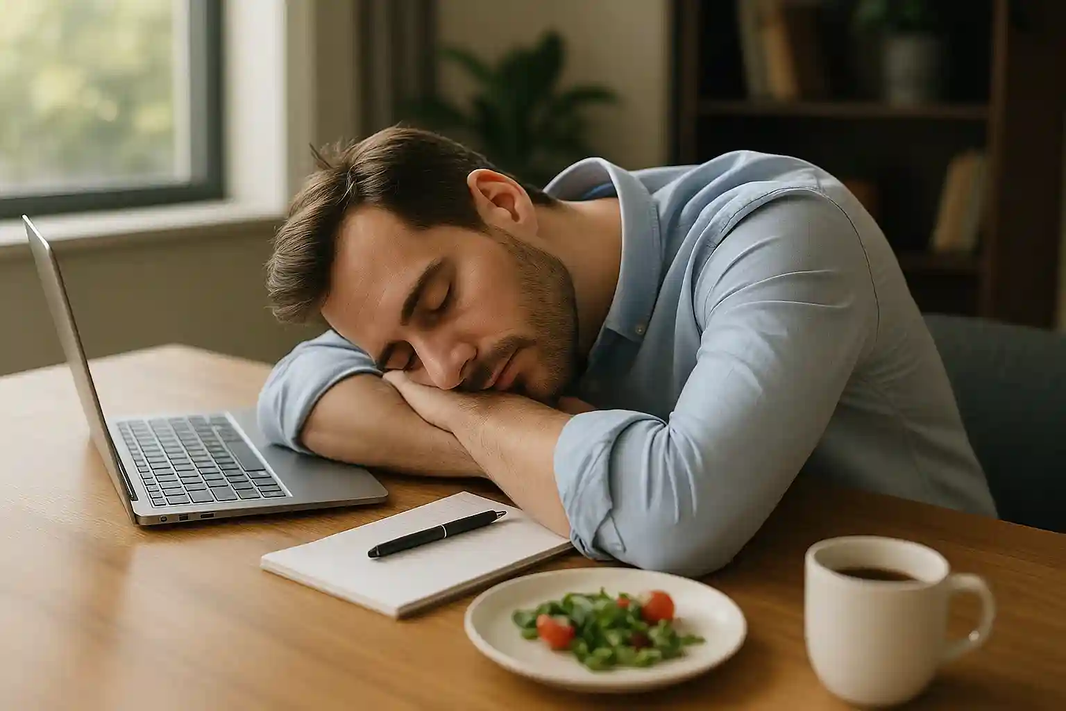 A person comfortably napping on a couch in a sunlit room, with a soft blanket and pillow.