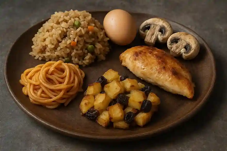 A person looking concerned while holding a plate of leftover food, with a red "X" over a microwave, symbolizing the dangers of reheating.