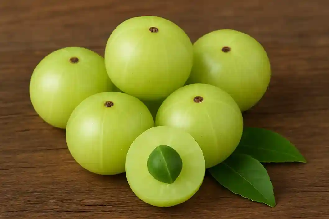 Fresh green amla fruits displayed at a local market, showcasing India's traditional superfruit.