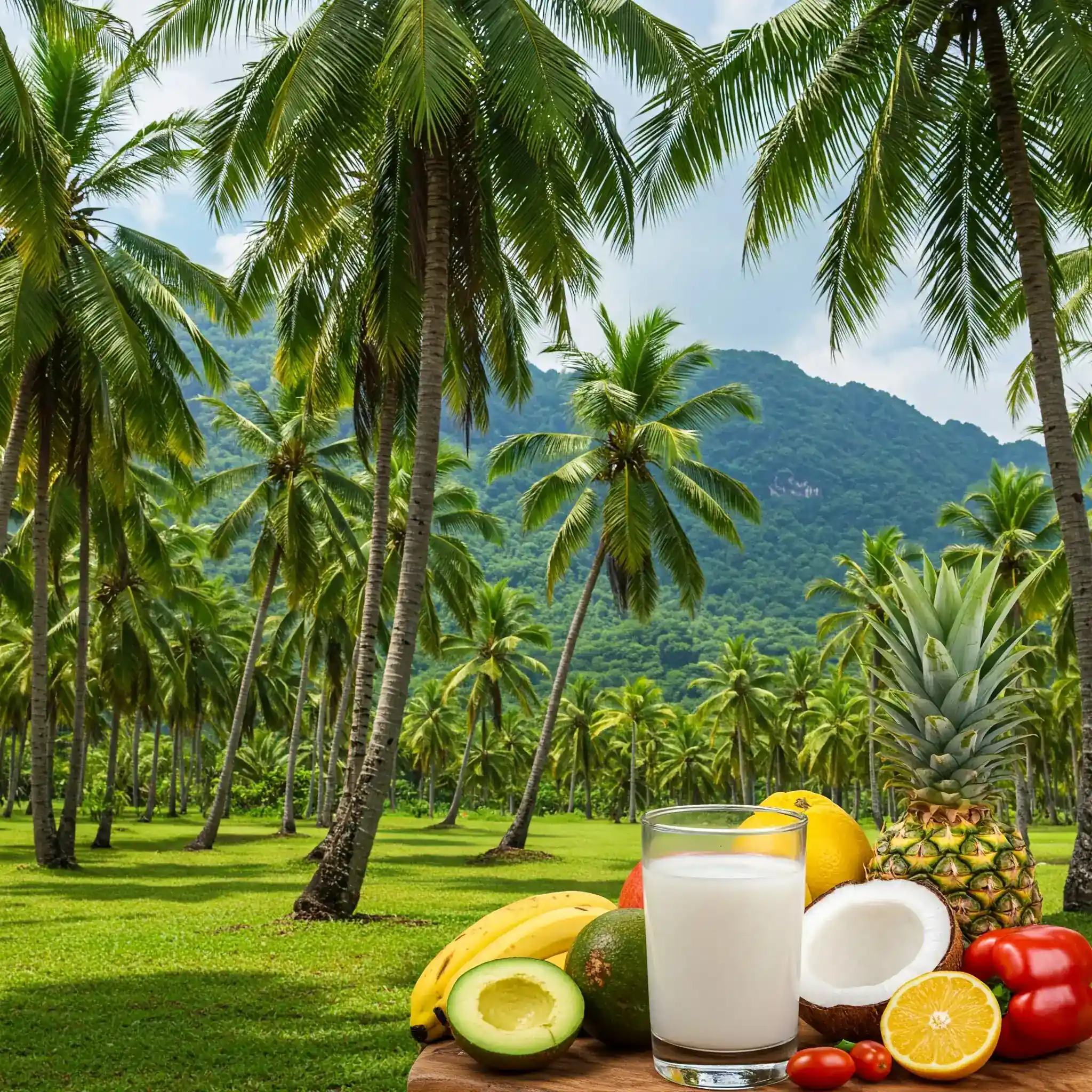 Glass of coconut milk with a coconut.