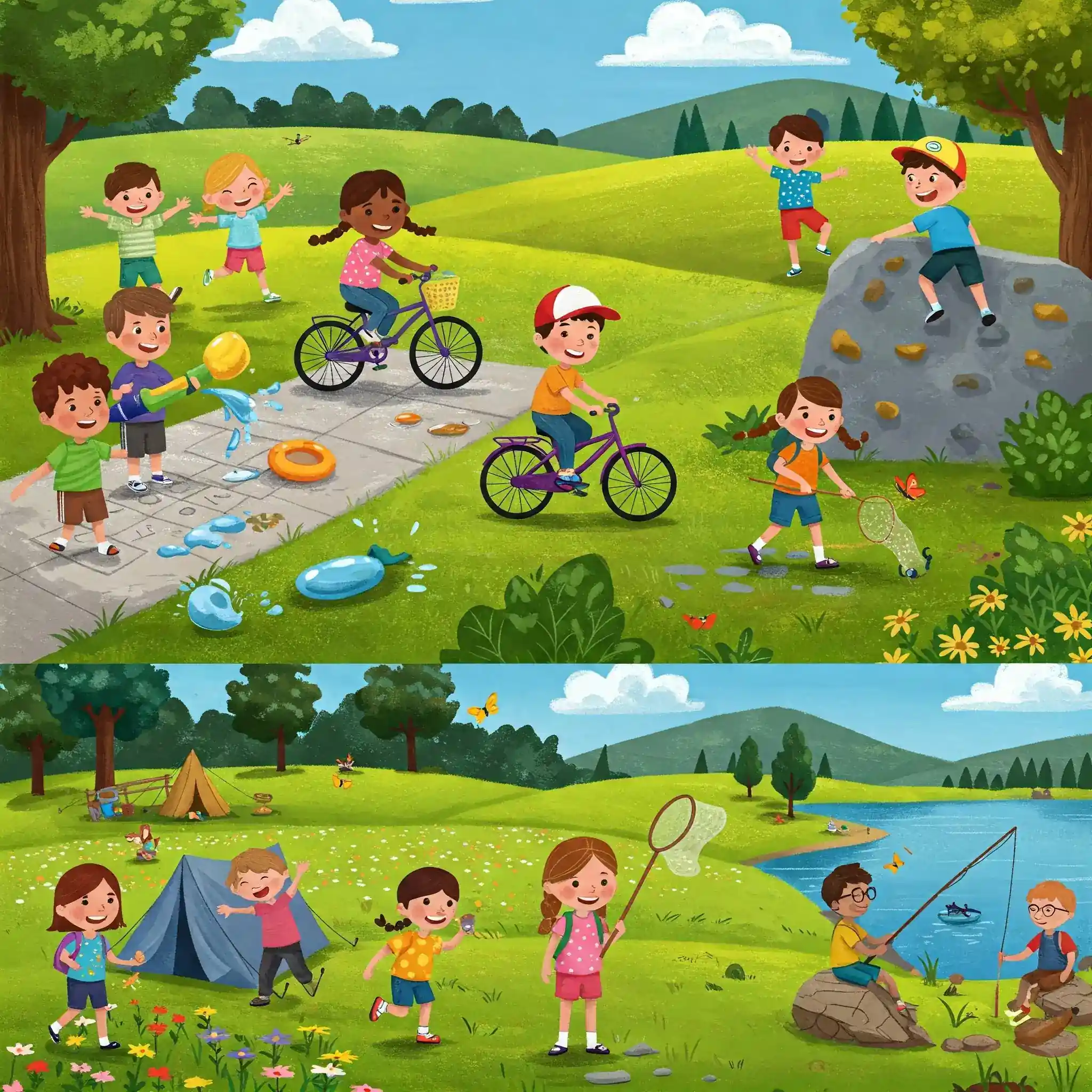 Group of 10-year-olds playing outdoors in the summer