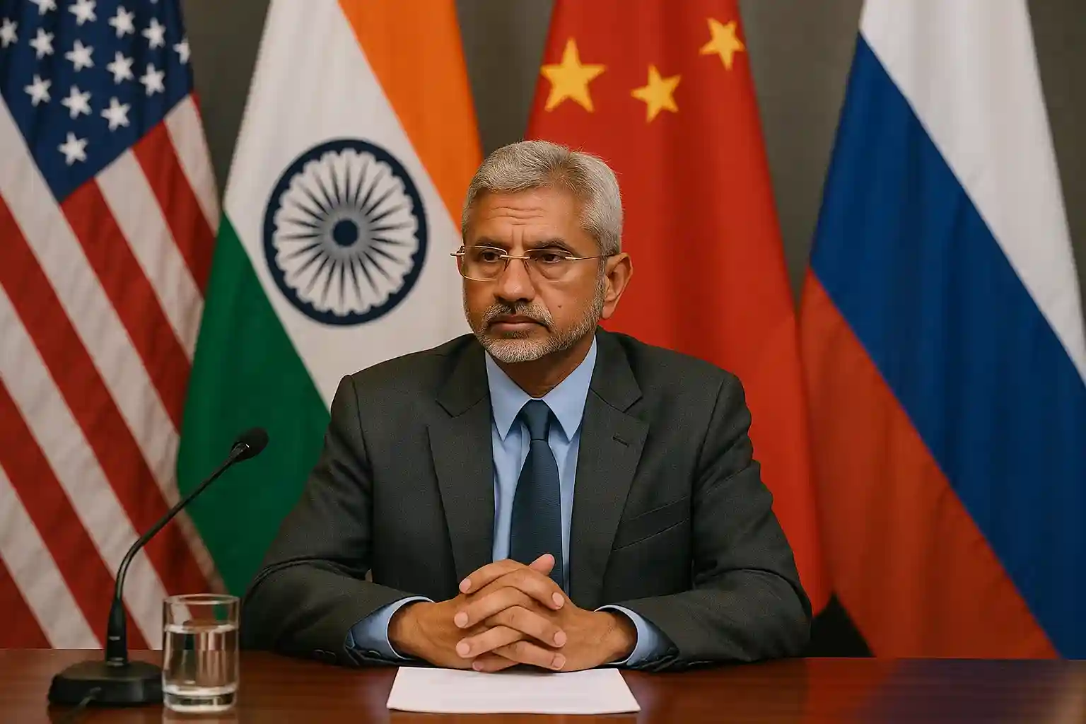 A symbolic image of India (represented by the Ashoka Chakra) balancing on a pivot, with the flags of the USA, China, and Russia subtly visible in the background, indicating its complex foreign policy.