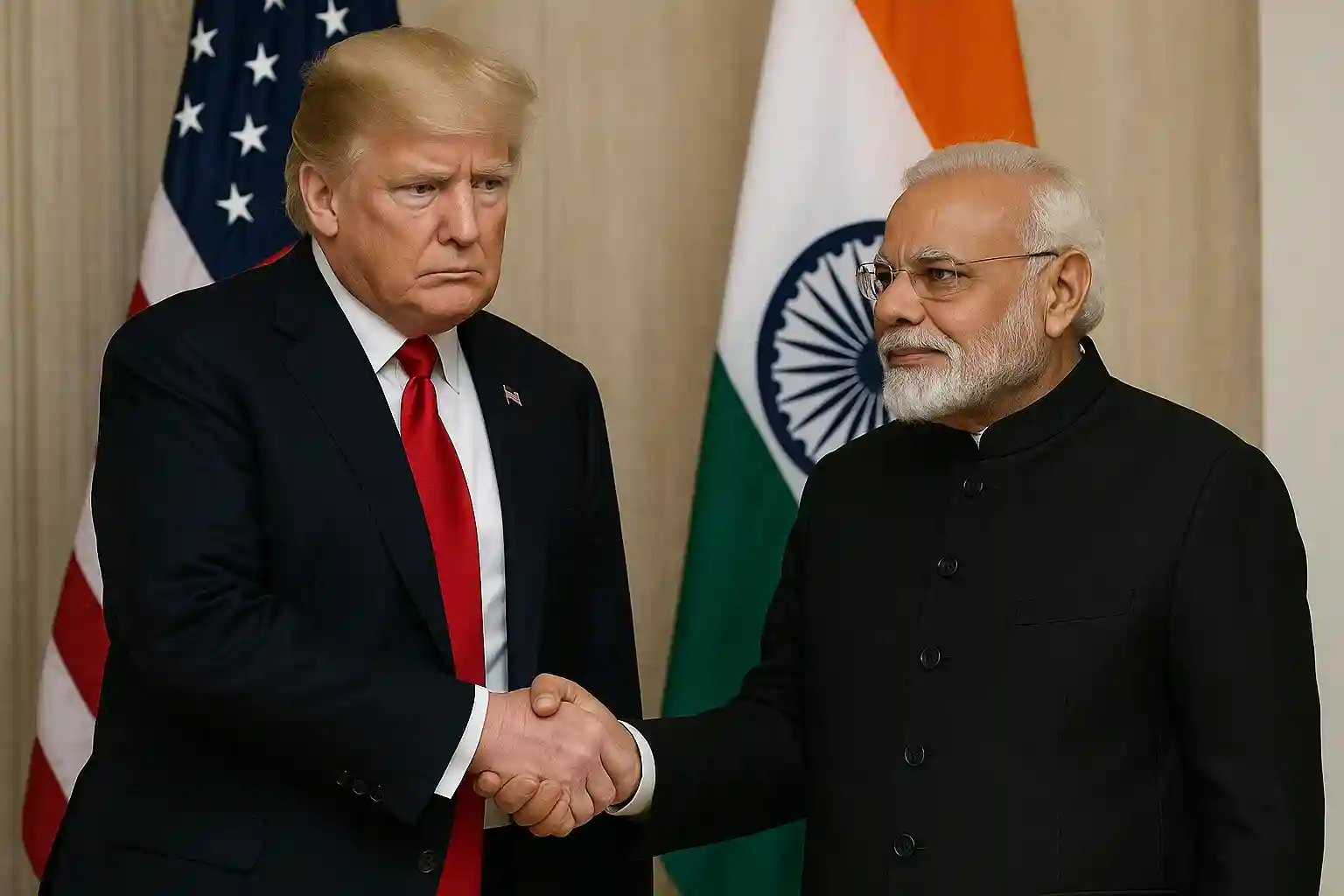 A stylized graph showing a sharp decline, symbolizing the economic impact of the tariffs, with the Indian rupee and US dollar symbols.