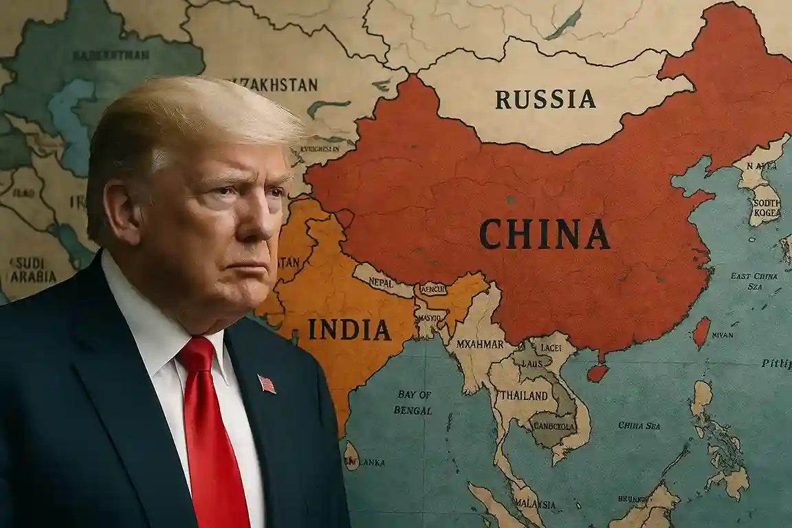 A symbolic image of India (represented by the Ashoka Chakra) balancing on a pivot, with the flags of the USA, China, and Russia subtly visible in the background, indicating its complex foreign policy.