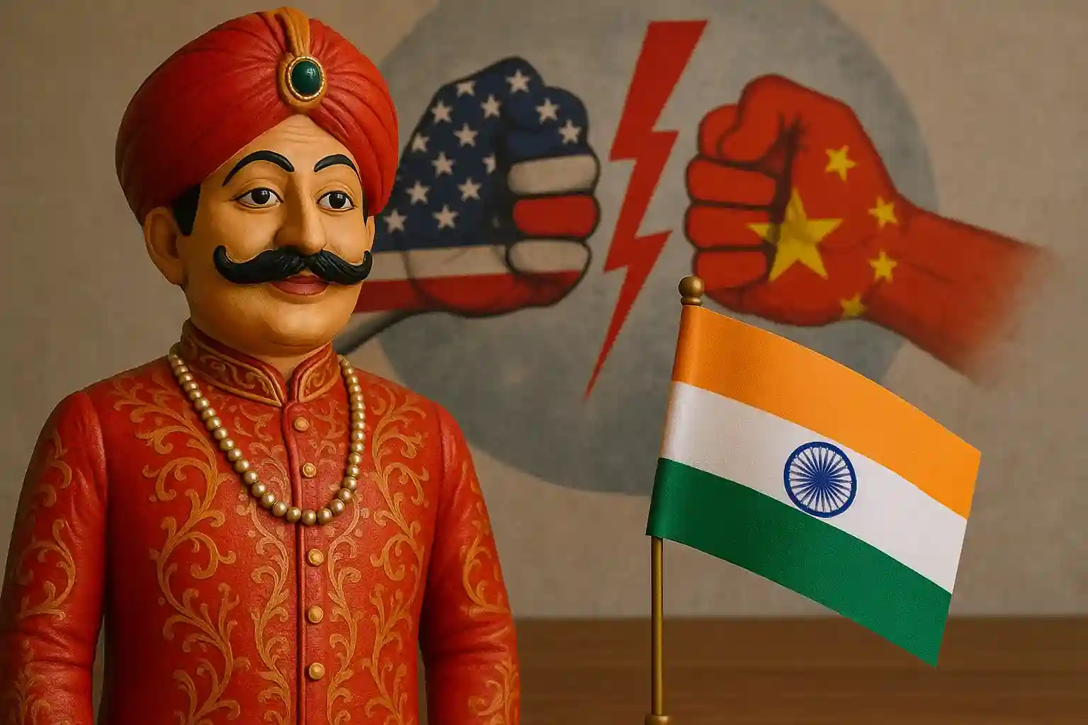 A chess board with the Indian rupee symbol as the king piece, strategically placed to capture the US dollar symbol. This symbolizes India's tactical response.