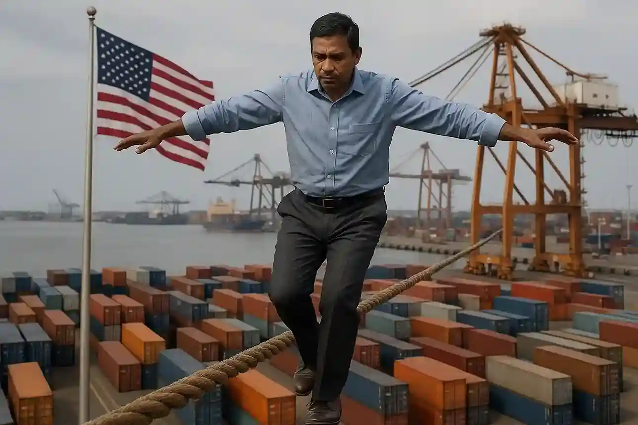 A symbolic image of a tightrope walker (representing the Indian economy) balancing precariously, with challenges like tariffs and economic slowdown visible below.