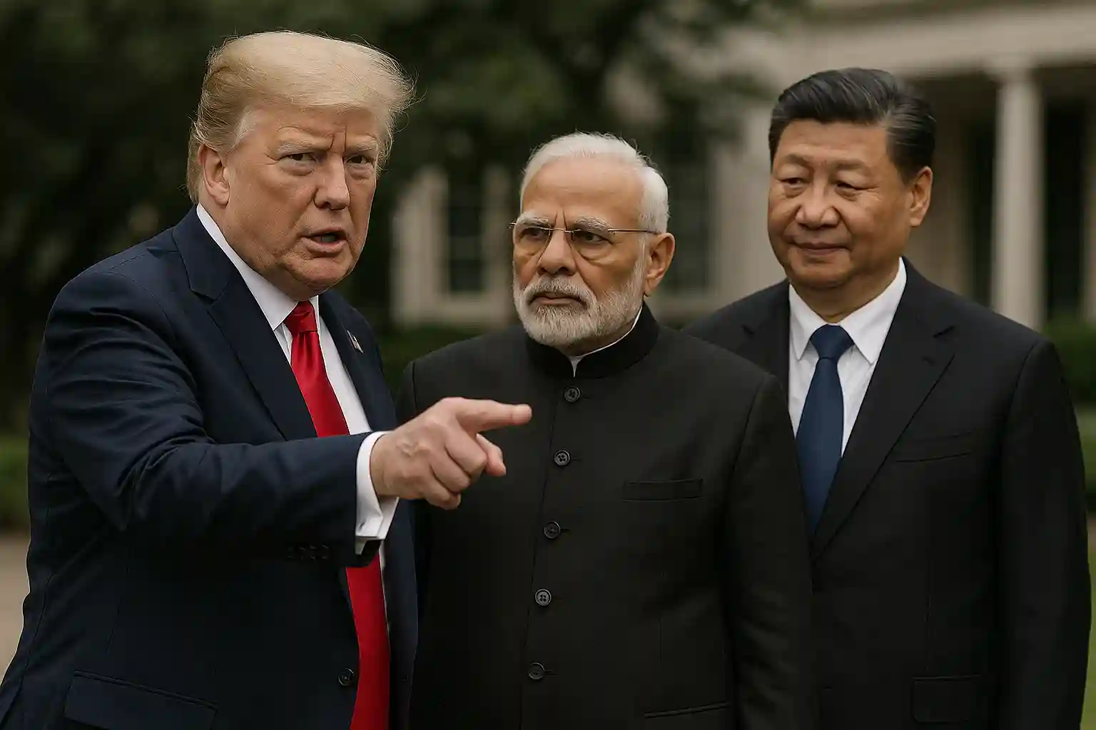 A stylized chessboard with the flags of the USA, India, Russia, and China as chess pieces, representing a complex geopolitical game.