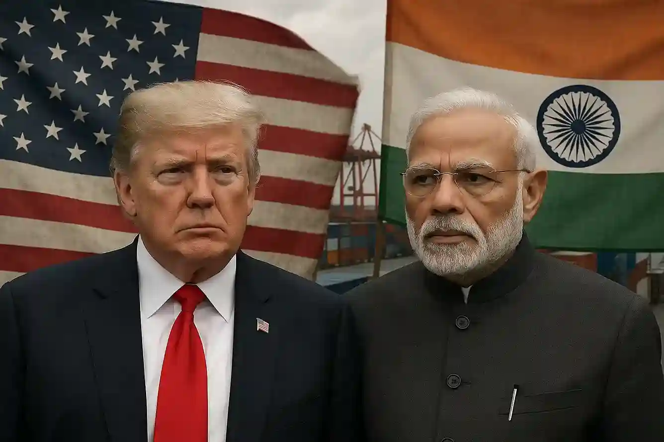 A stylized image of a tariff barrier between the flags of the USA and India, shaped like a weapon, suggesting trade conflict.