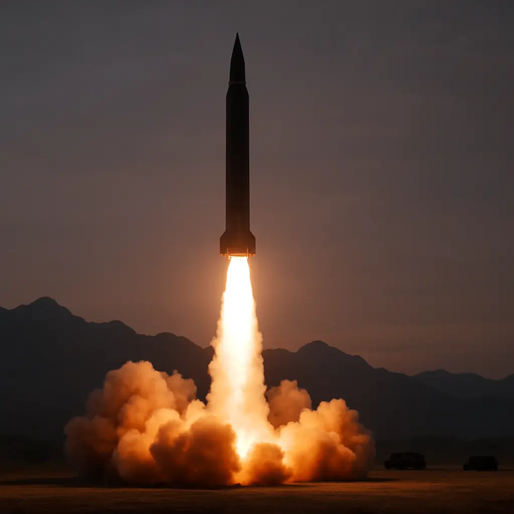 A ballistic missile being launched with smoke and fire, symbolizing North Korea’s missile test.