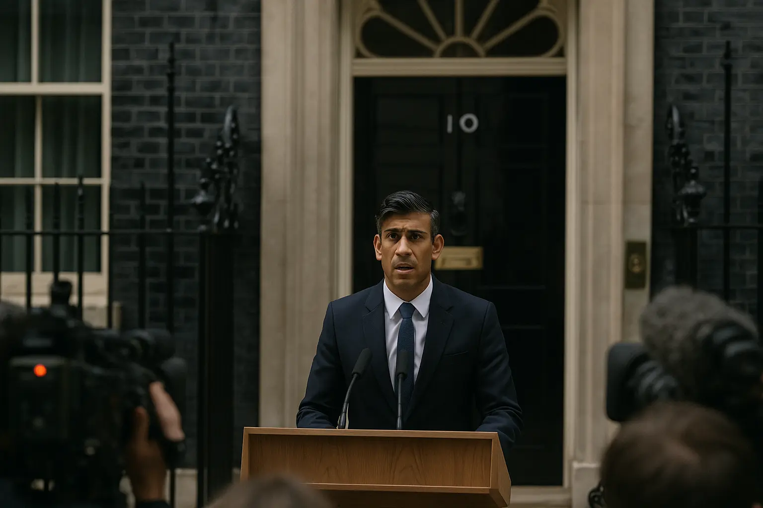 The British Prime Minister standing at a podium in front of 10 Downing Street with a tense expression, symbolizing political crisis.