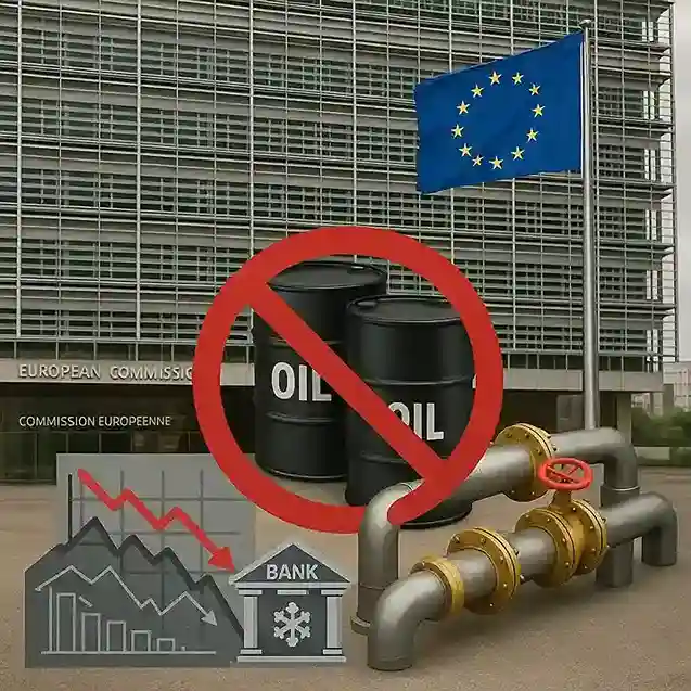 European Union flag in the foreground with oil barrels and financial charts in the background, symbolizing sanctions on Russia.