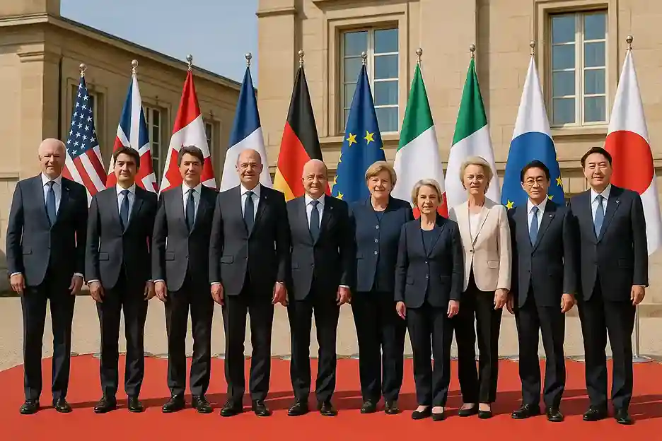 Leaders of the G7 nations standing together for a group photo at the summit, symbolizing unity on global challenges.