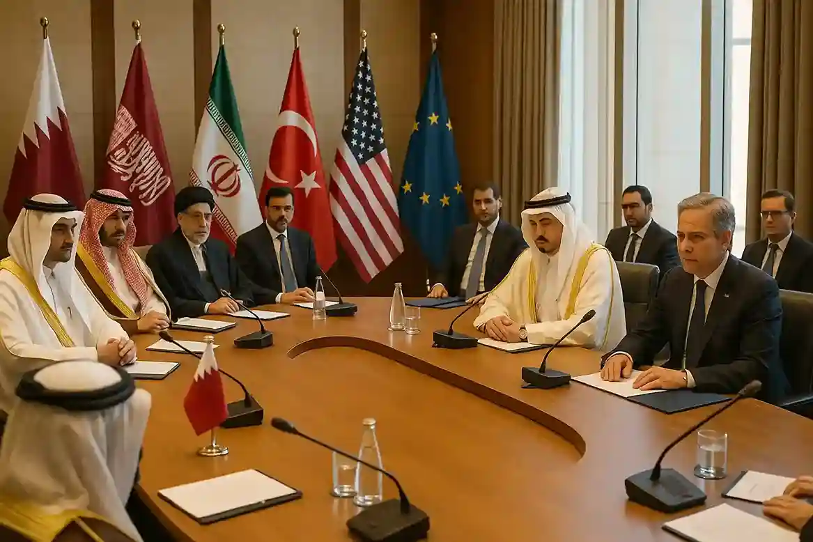 Representatives from Middle Eastern and global powers seated around a conference table, symbolizing diplomatic talks.