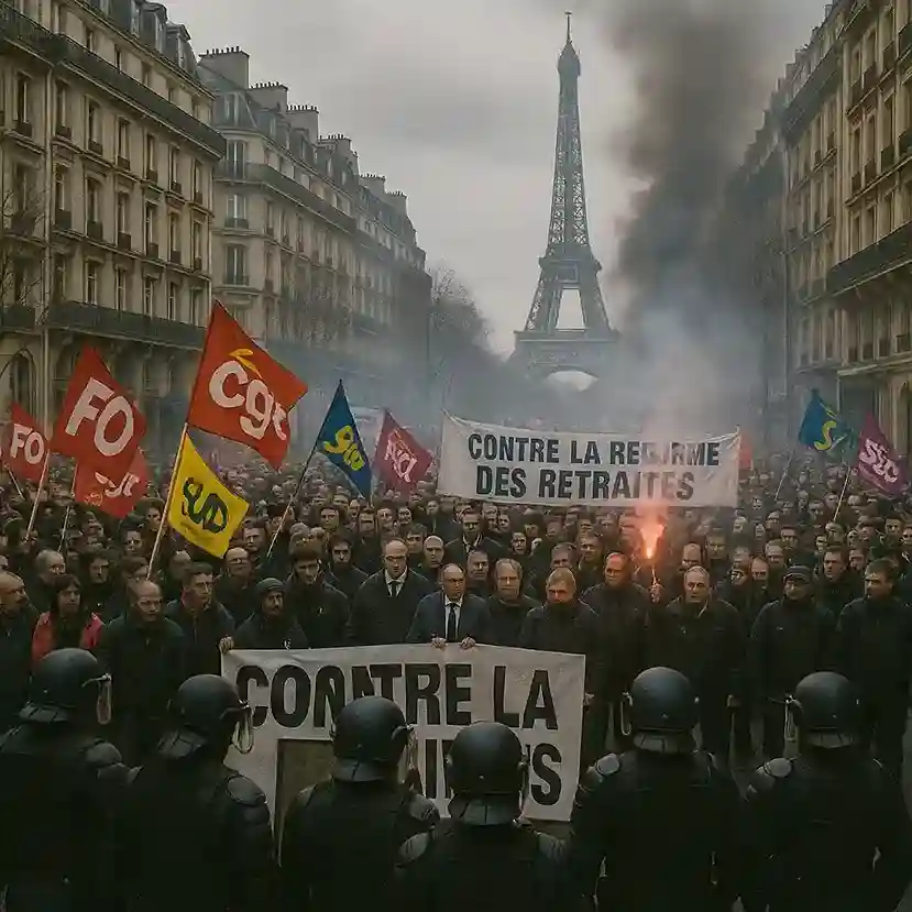 Large crowds of protesters in Paris holding banners and flags, with riot police in the background.