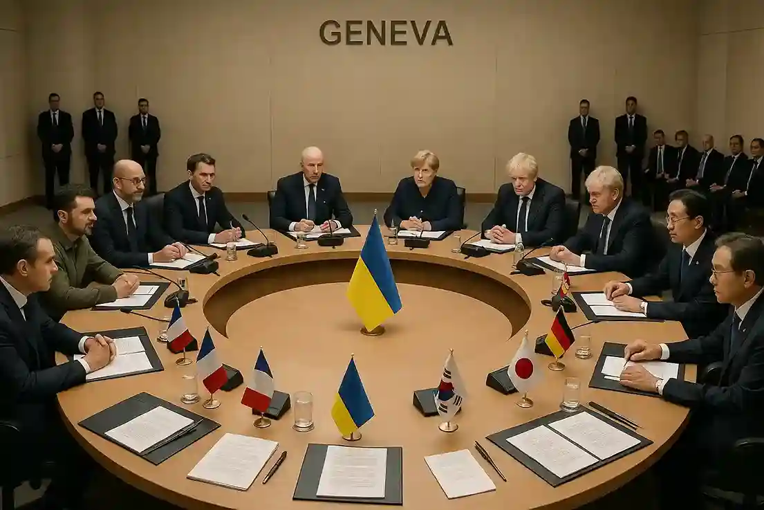 World leaders seated around a round table with Ukraine’s flag in the center, symbolizing peace talks and global unity.