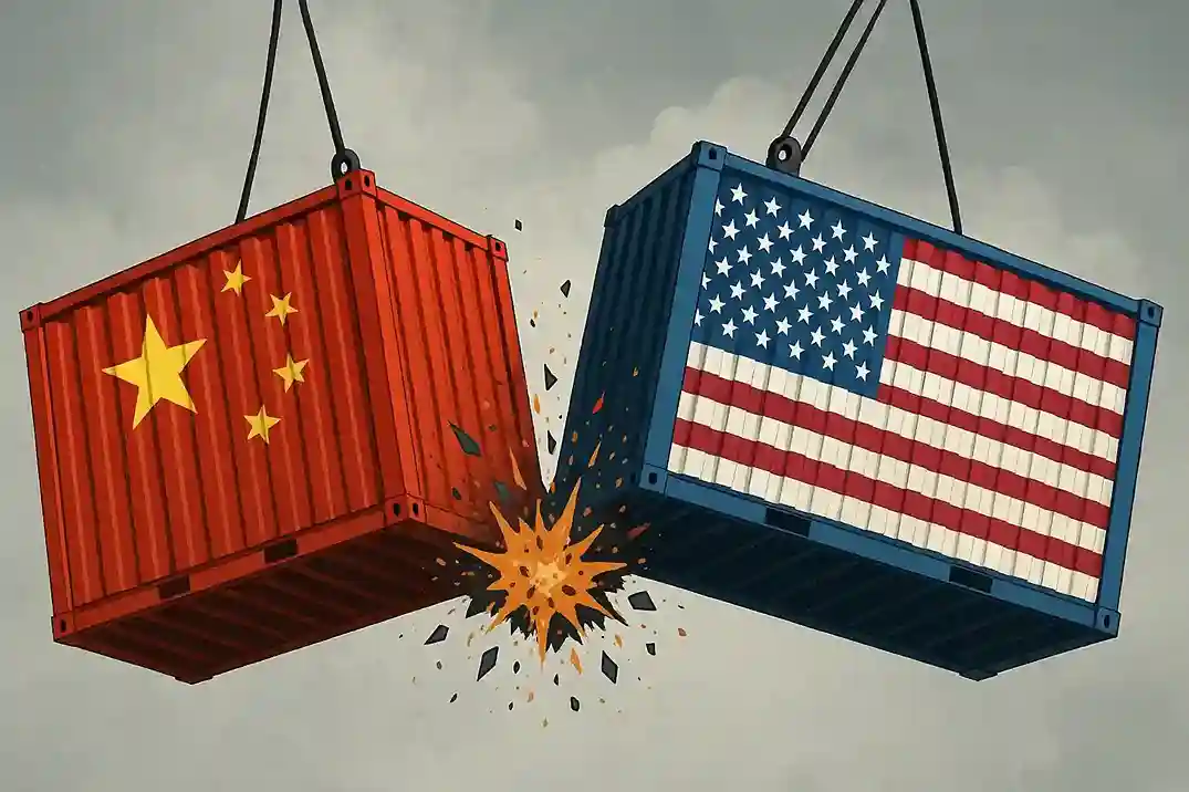 A symbolic image showing US and China flags facing each other with shipping containers in the background, representing trade tensions.