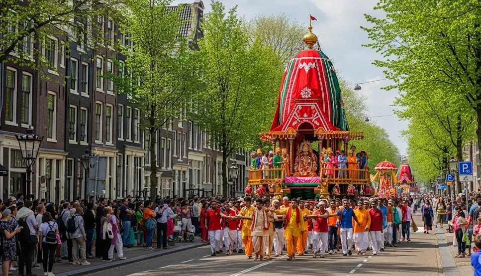 Colorful Rath Yatra procession in Amsterdam with devotees pulling the chariot