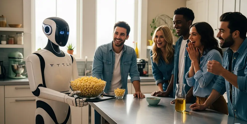 Tesla's Optimus robot carefully handing a bag of popcorn to a person at a company diner.
