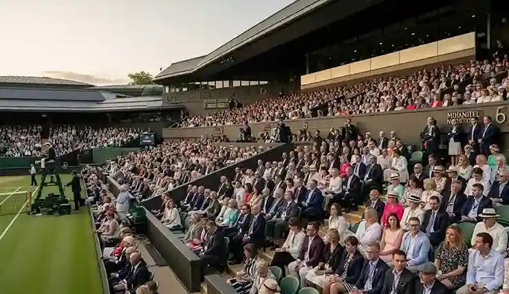 An exclusive view from a VIP seat over Wimbledon's Centre Court, with champagne flutes on a table.