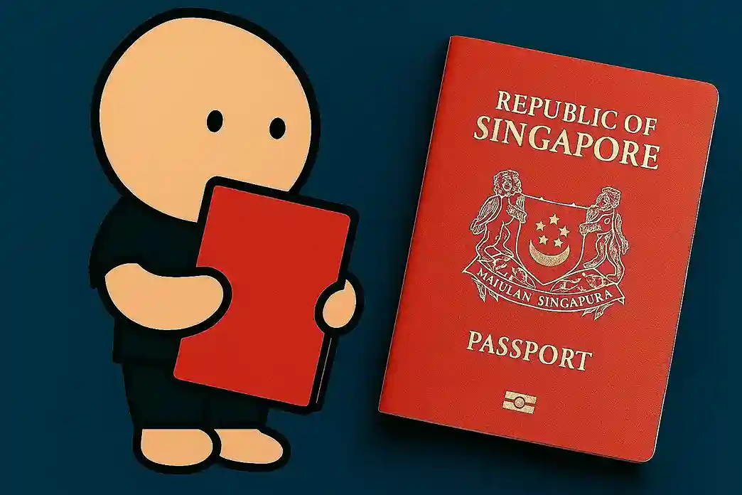 A person holding a sleek, red Singapore passport against a backdrop of iconic global landmarks, blurred.