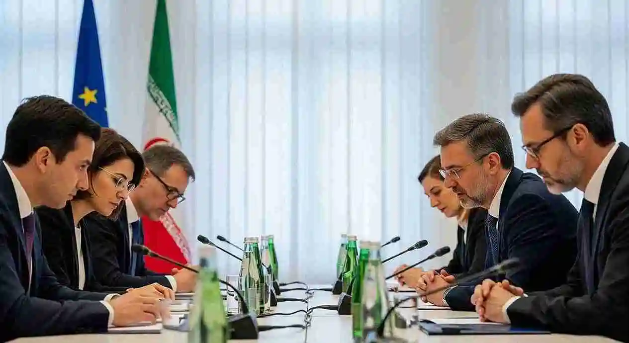 The flags of Iran and European nations in front of a diplomatic building in Vienna.