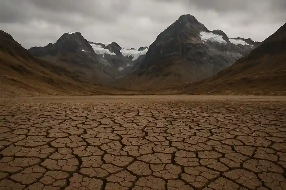 A barren mountain range in South America where glaciers once stood, symbolizing climate change impact.