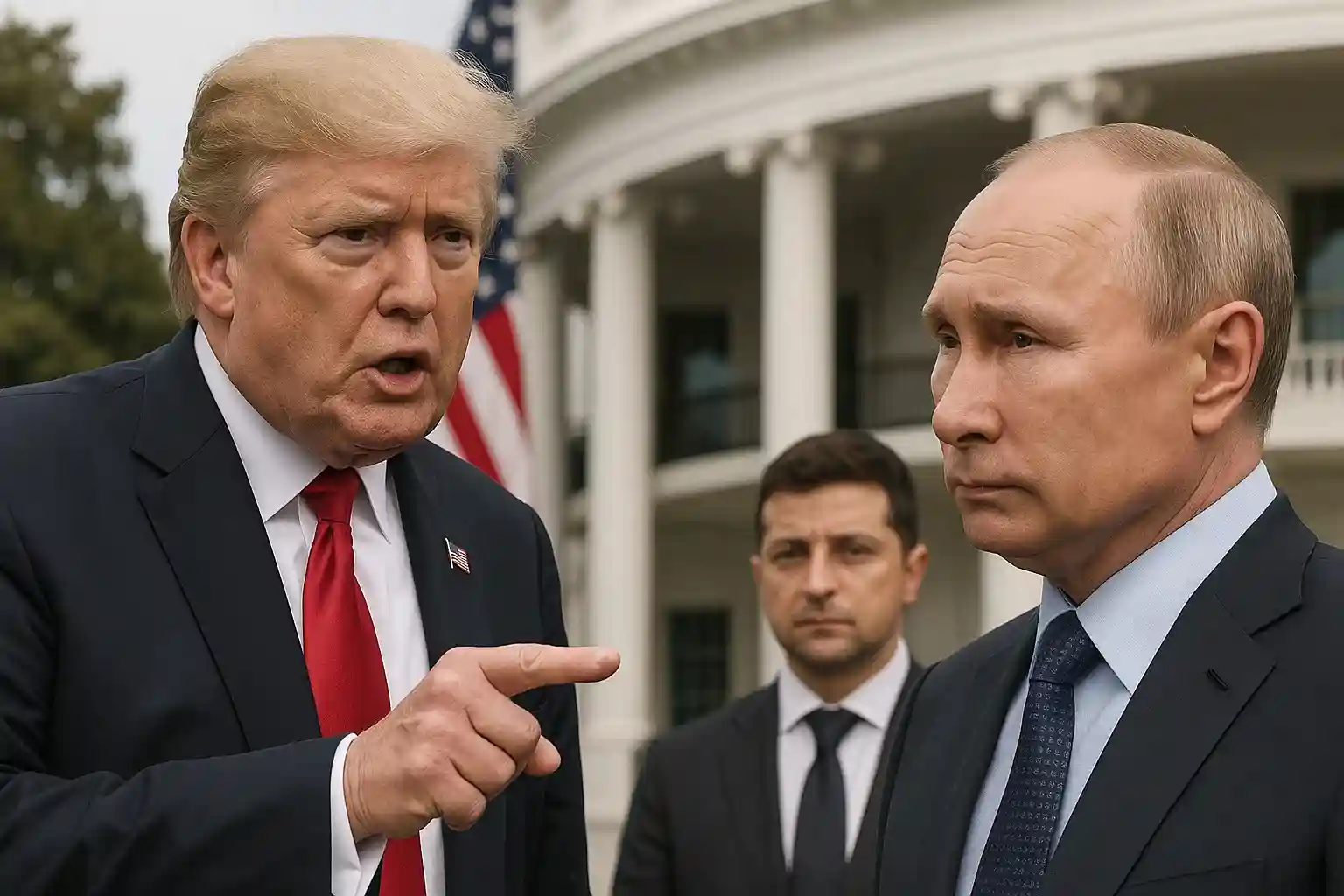 Trump speaking at the White House podium with images of Putin and Zelenskyy in the background.